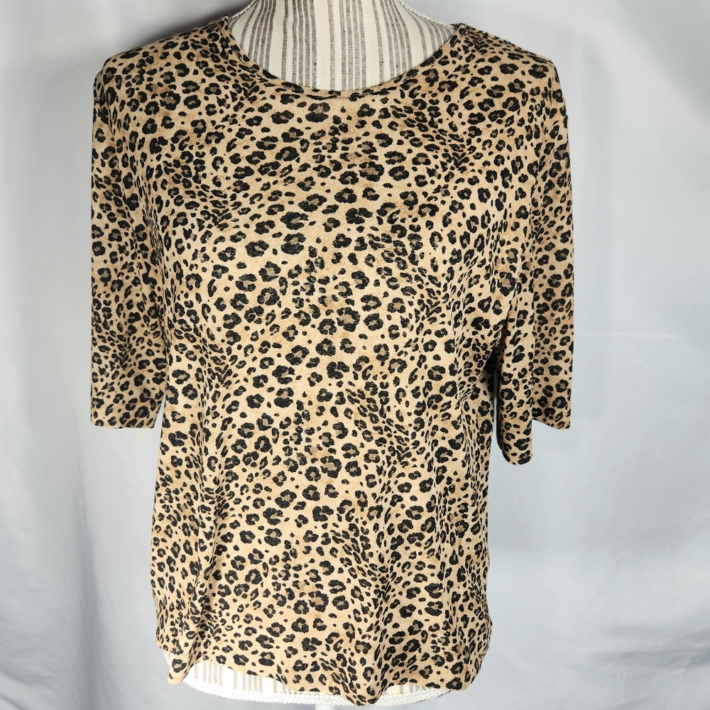 Kasper & Company ASL Brown Tan Black Animal Print Short Sleeve Top Size Medium